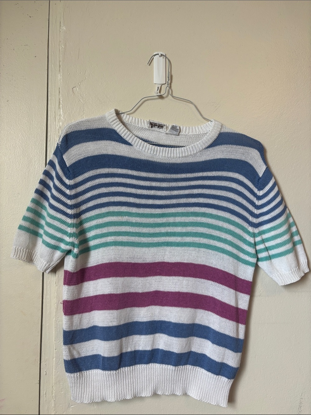 Women's Striped Crewneck Sweater in White with Blue, Teal & Purple Stripes